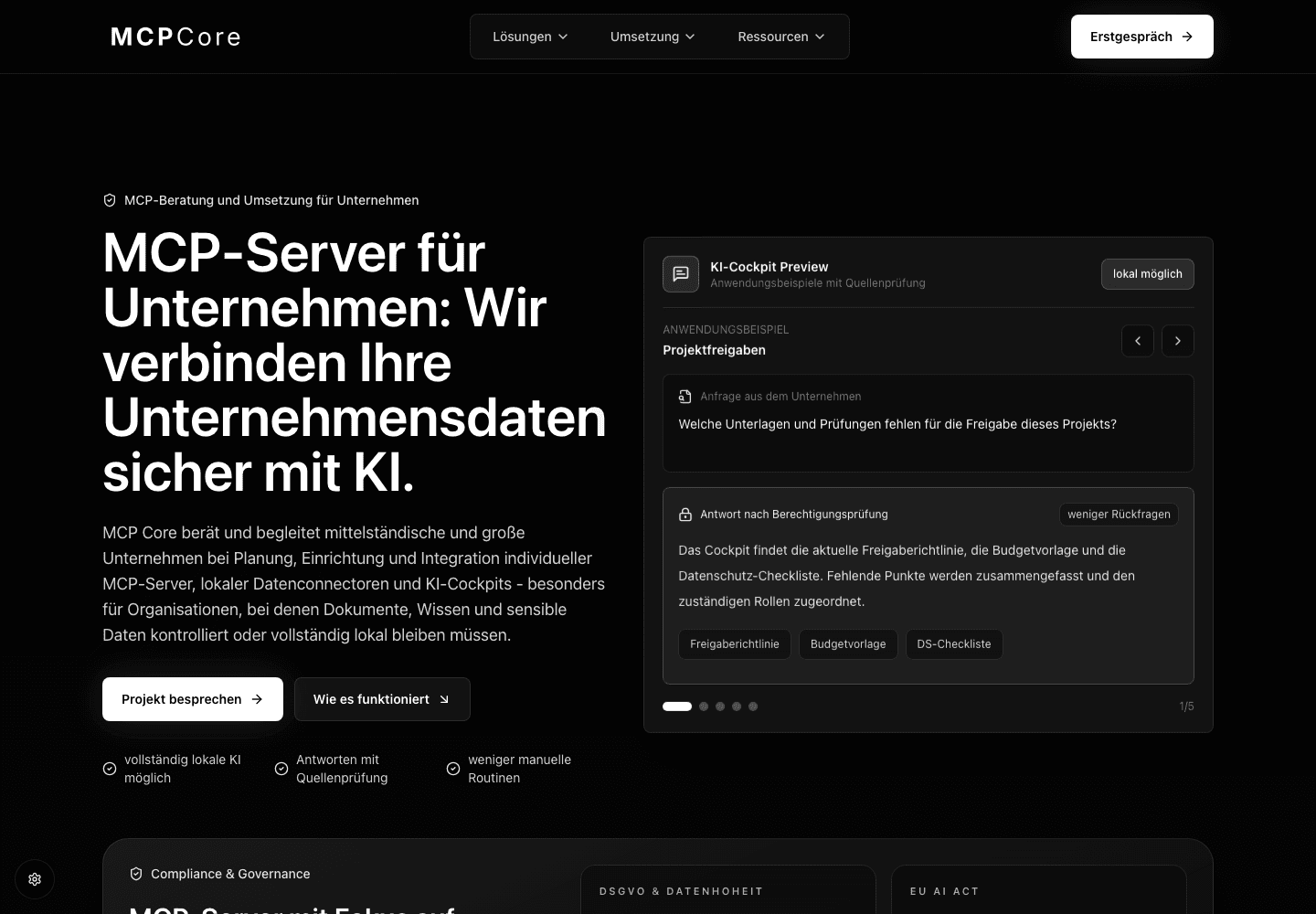 Screenshot der Startseite von MCP Core